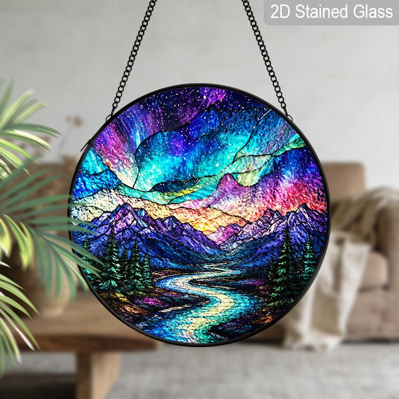 1pc 2D Flat Landscape Stained Glass Suncatcher, 6.3/7.87 Inch Starry Night Mountain Stained Glass Suncatcher, Home Decor, Garden Windocw Decor