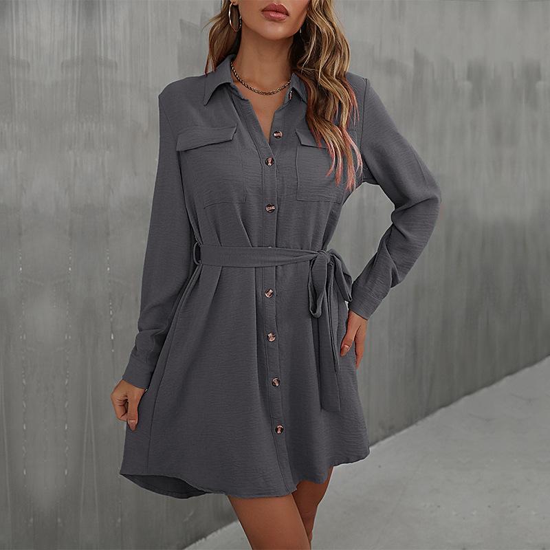European and American Fashion Dress Red Long-sleeved Lapel Shirt Skirt