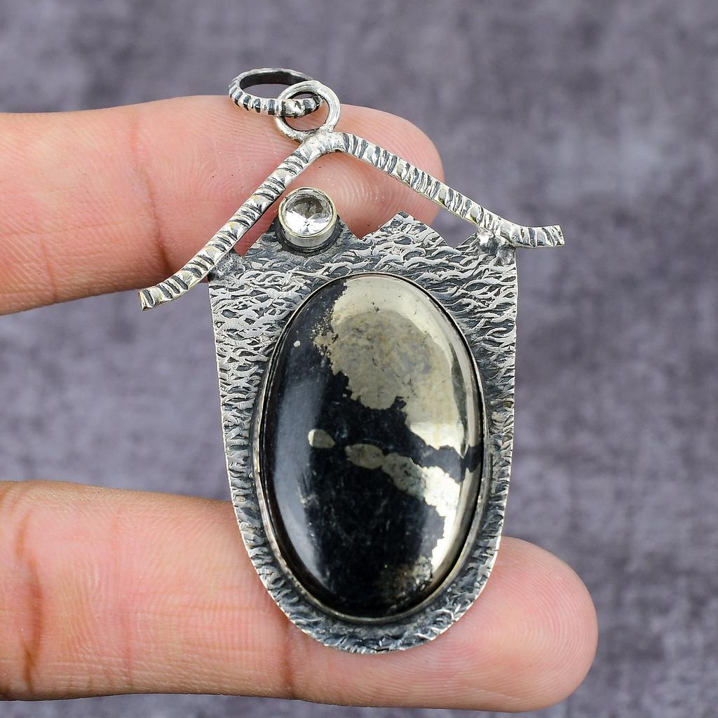 Natural Pyrite Agate, Topaz Handmade 925 Sterling Silver Pendant 2.36" J9n88