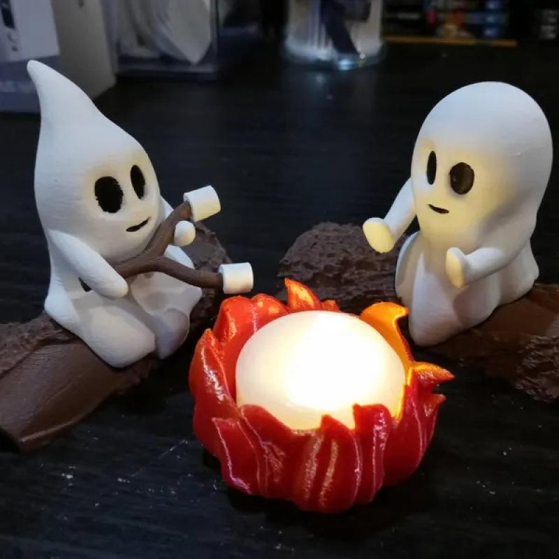 Ghost Campfire Gathering Flickering Nightlight 3D Printed Cute Ghost Ornaments Statues Bonfire Party Halloween Desk Decoration