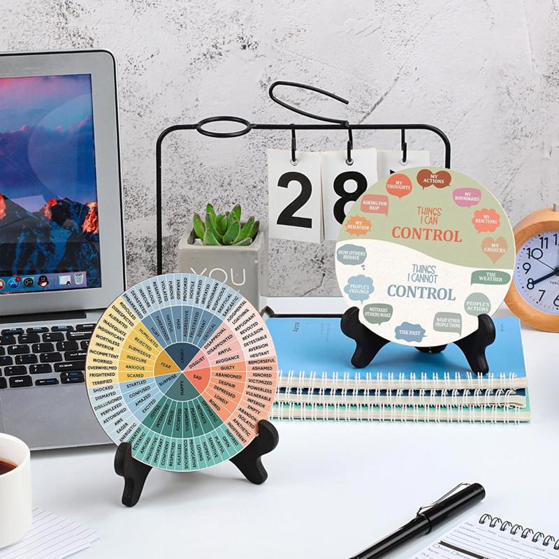 2 Pcs Feelings Wheel Aluminum Round Metal Mood Wheel Therapy Emotions Wheel Mental Health Relax Office Desk Decor