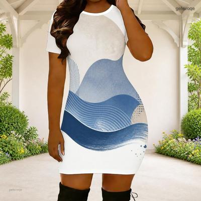 Women Plus Size Round Neck Short Sleeve Blue White Abstract Printed Fitted Mini Dress