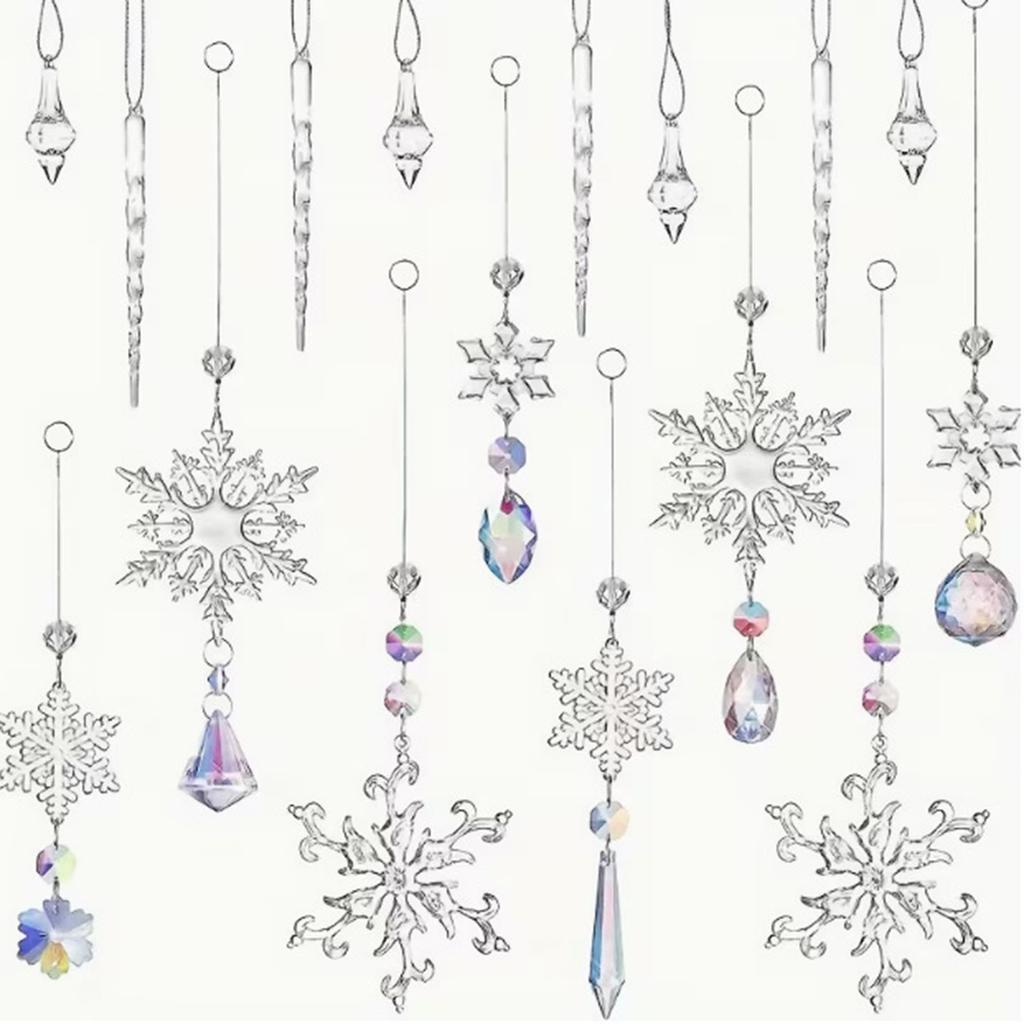16 Pack 2D Christmas Tree Ornaments Colorful Acrylic Snowflake and Icicle Hanging Decorations for Holiday Xmas Tree