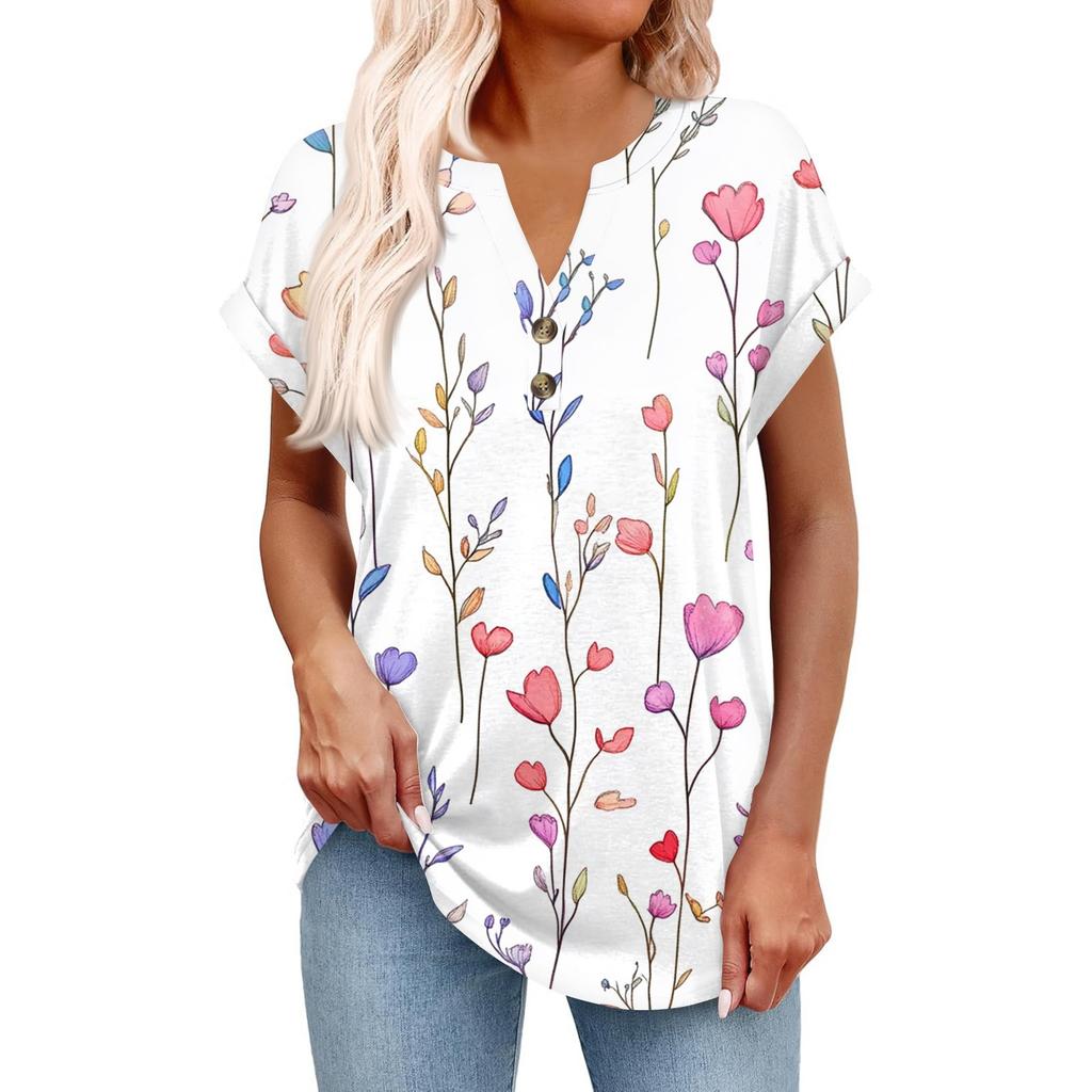 Top Pulôver Feminino Casual da Moda de Manga Curta com Decote em V, Botões e Estampa
