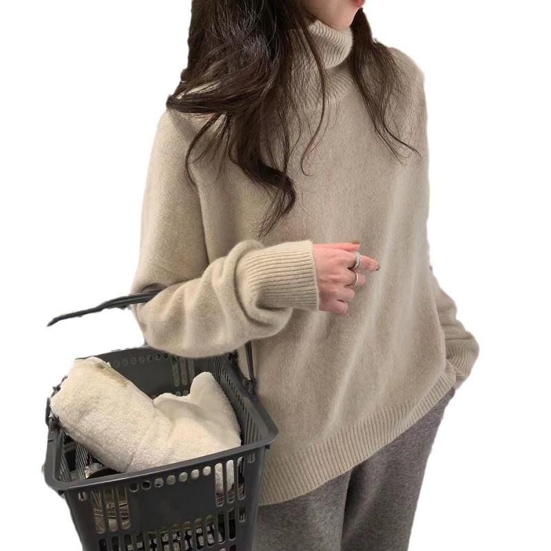 Womens Lazy Style High Neck Solid Color Knit Sweater Soft Warm Casual Top Daily Wear
