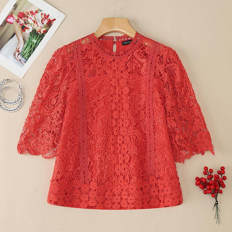 

ZANZEA Женская летняя блузка с коротким рукавом, ажурная, кружевная, вязаная крючком, в стиле пэчворк 4XL красный