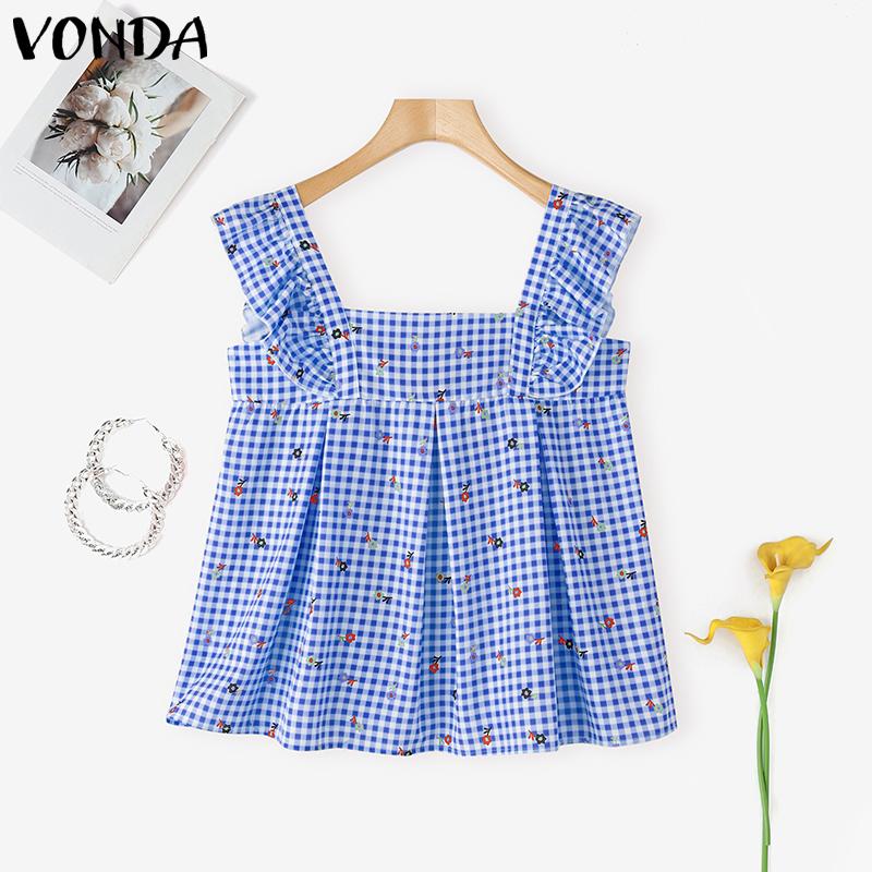 

VONDA Women Summer Ruffled Strap Sleeveless Floral Plaid Print Back Bow Casual Tank Tops 4XL синий
