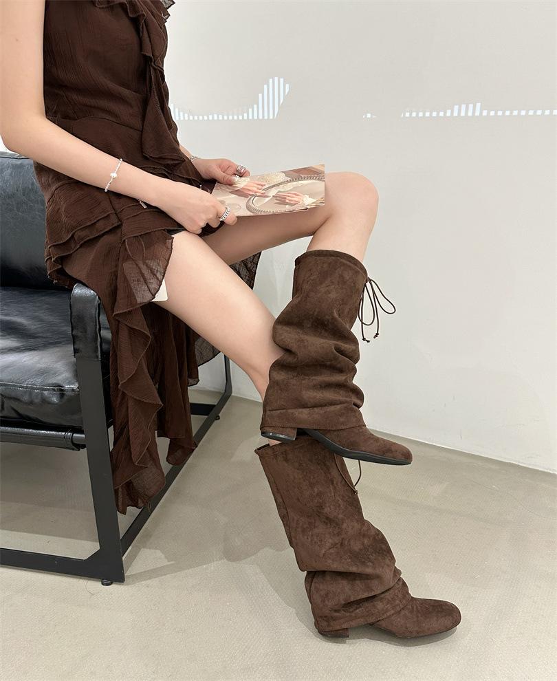 2025 autumn and winter new retro pleated stacking boots women's thick heel high knight boots medium heel boots western cowboy boots