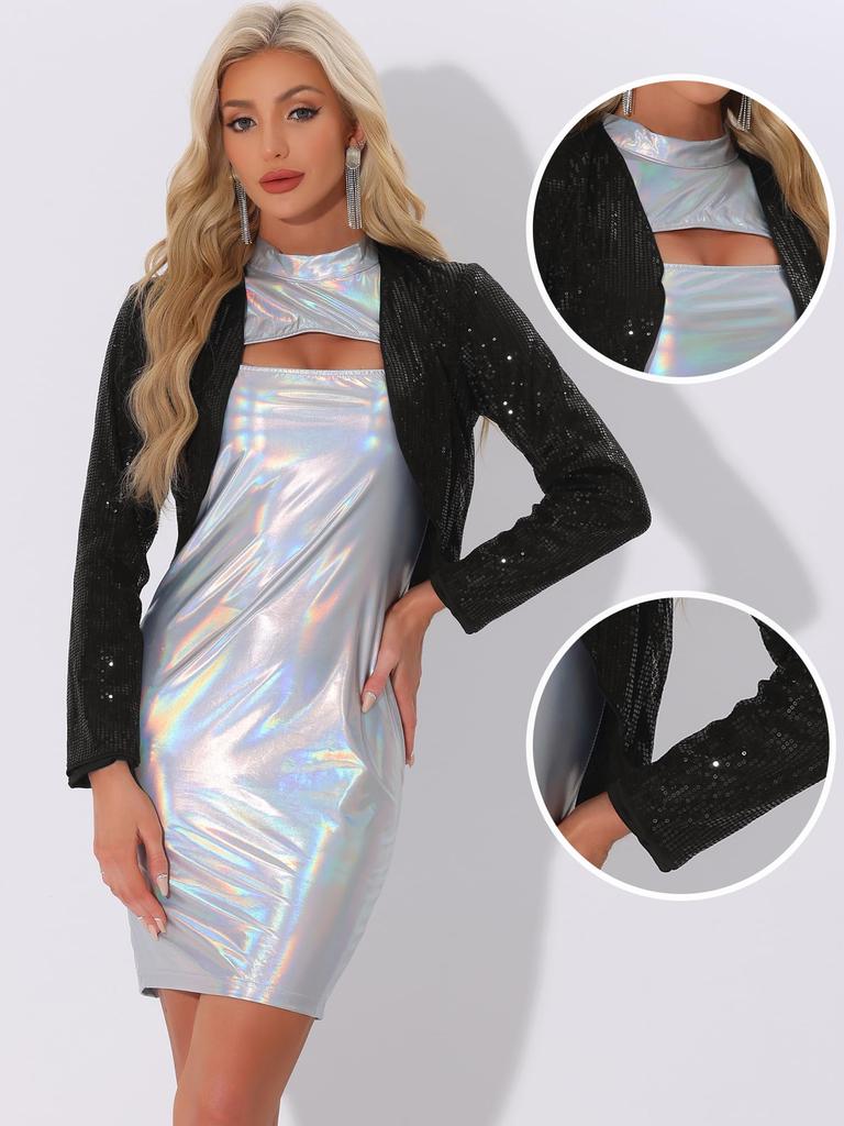 Allegra K Women's Halloween Costume, Sequined Jacket with Open Front, Cropped, Sparkling Bolero and Shrug, Black, Size M