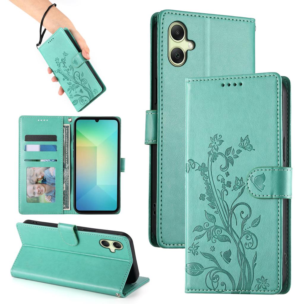 For Samsung Galaxy A06 5G/4G Wallet Case Butterfly Floral Imprint PU Leather Phone Cover with Wrist Strap