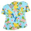 Women V Neck Medical Scrub Top Hawaiian Print Short Sleeve Nurse Uniform with Pockets Side Slits Comfortable Fit Workwear