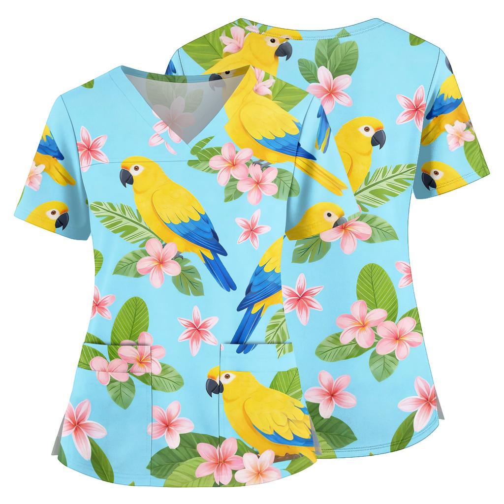 Women V Neck Medical Scrub Top Hawaiian Print Short Sleeve Nurse Uniform with Pockets Side Slits Comfortable Fit Workwear