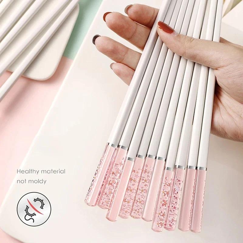 5 Pairs of Amber Cherry Blossom Chopsticks Cherry Blossom Antibacterial Anti-slip Reusable Sushi Chopsticks Food Chopsticks