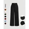 Women Corduroy High Waist Wide Leg Pants Solid Color Front Pocket Casual Loose Fit Trousers