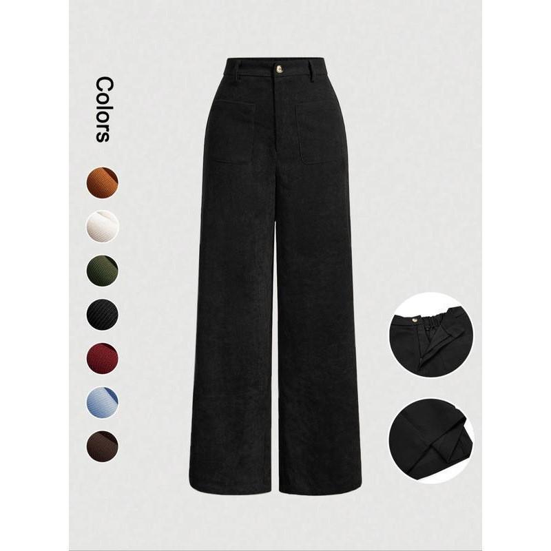 Women Corduroy High Waist Wide Leg Pants Solid Color Front Pocket Casual Loose Fit Trousers