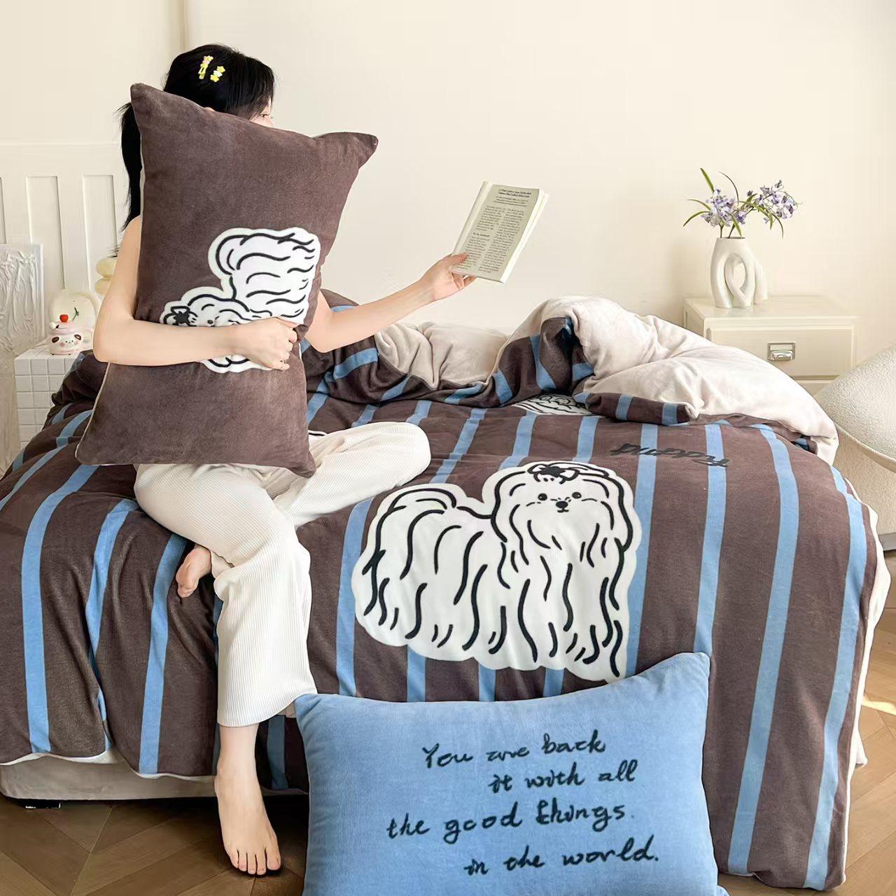 

Thickened Milk Fleece Bed Four-Piece Set Double-Sided Coral Fleece Quilt Cover Bed Sheet Person Student Dormitory Three-Piece Set 1.2m 3pc- 150x200 quilt