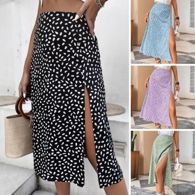 Women's High Waist Dot Print Split Midi Skirts Flowy A-line Long Maxi Skirt Daily Clothing