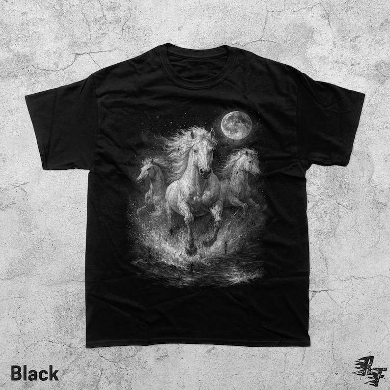 Three Wild Horses Vintage 90s TShirt Retro Moon Graphic Tee Galloping Animal S