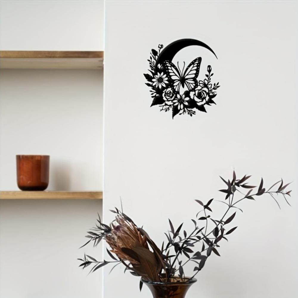 Metal Wall Art Crescent Moon Flowers Leaves Black Nature Design Home Decor Gift