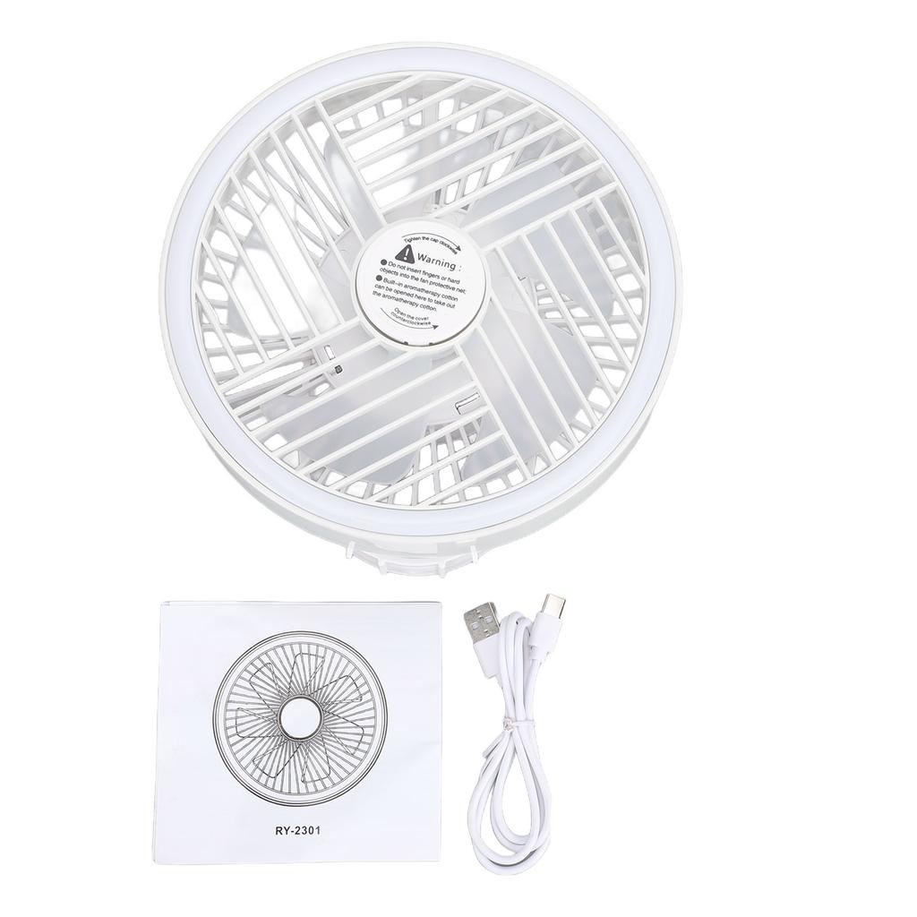 Camping Fan White 3 Speed USB Rechargeable Hanging Desk Fan with Stepless Dimmable Light for Tent Car Tree Branch