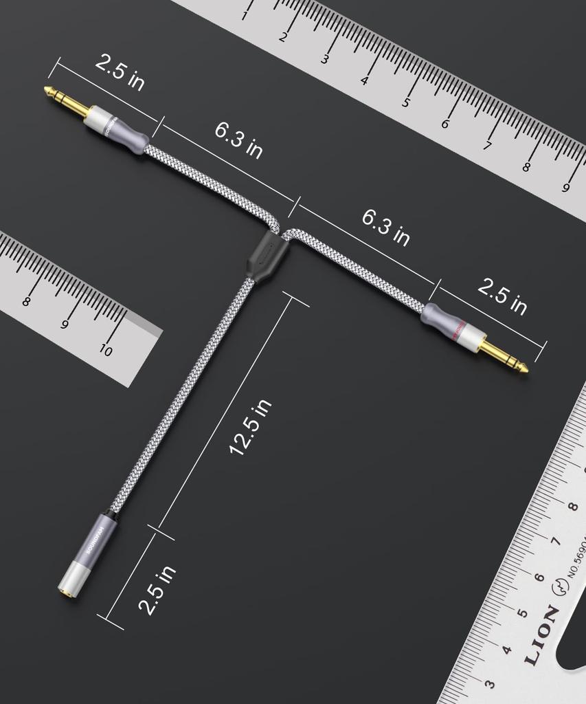 SOUNDFAM 60cm 14" Splitter Cable, Microphone Splitter 1 Female To 2 Male TRS 14" Splitter 6.35mm Stereo Female To Dual 6.35mm Male Female - Gray