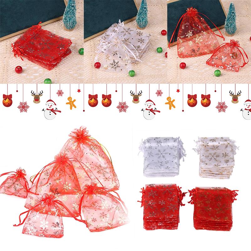 100 Christmas Drawstring Drawstring Mesh Bags Snowflake Organza Holiday Storage Decoration Wedding Gift Ornament Candy Bags
