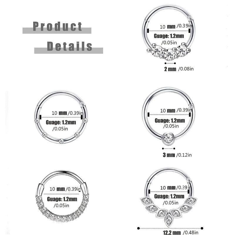 1/5pcs 16G Fashion 316L Stainless Steel CZ Hinged Septum Clicker Nose Hoop Rings, Daith Helix Tragus Cartilage Piercing Jewelry