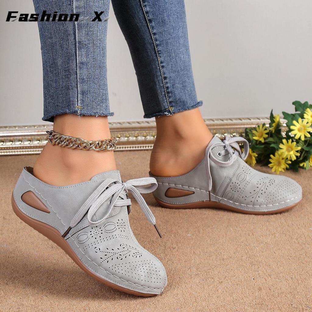New Women's Wedge Heel Half Slippers Lace Up Pattern Hollow Headed Women's Slippers 43 Size Women's Shoes  Summer New Sandals