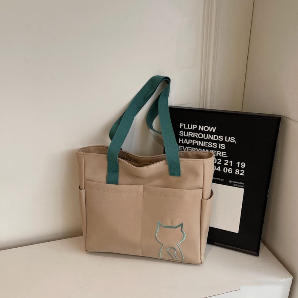 Embroidery Cat Lightweight Eco Bag Casual Nylon Shoulder Bag Nylon Tote Bag  Student хаки