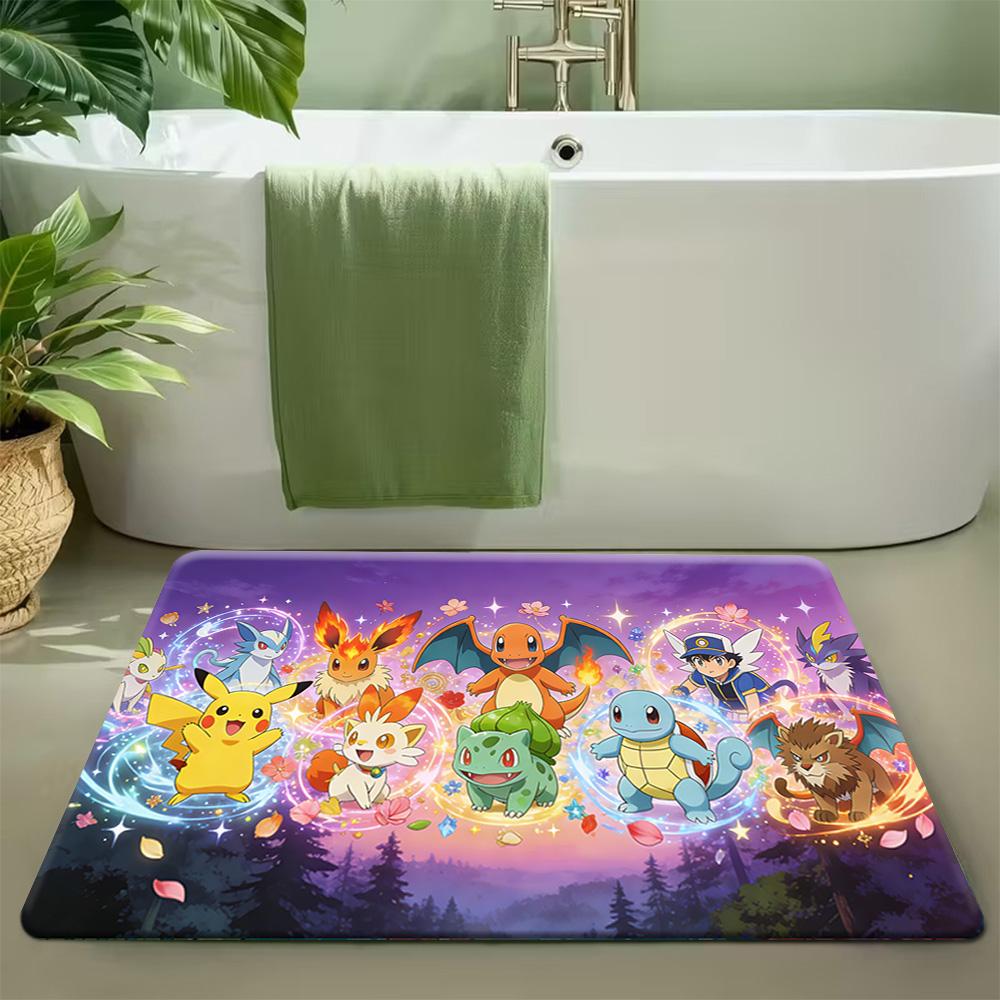 Cute Eevee Covered with Leaves and Flowers in Sunlit Forest Print Non-slip Doormat, Soft Absorbent Floor Rug for Home Decor