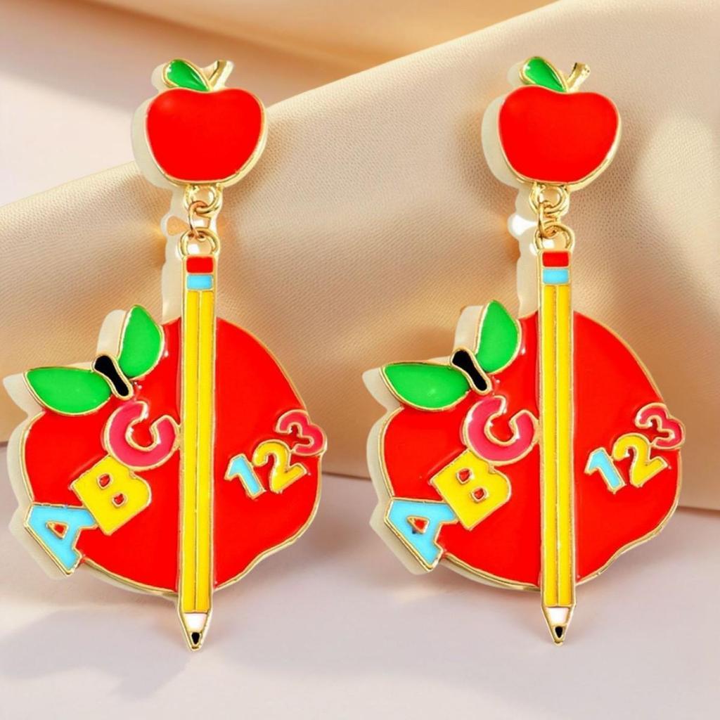 Metallic Apple Letter Pencil Earrings - Fashion Accessory for Back-to-School, Christmas & Halloween