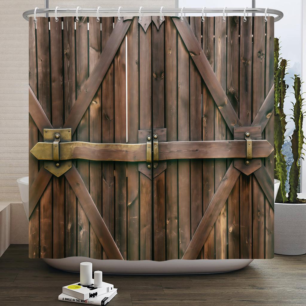 Country Sunflower Theme Waterproof Shower Curtain Wood Texture Barn Door Design Rustic Farmhouse Vintage Style Bathroom Decor
