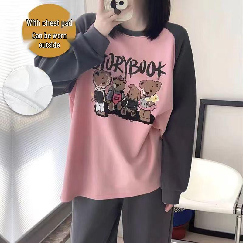 Women's Pajama Set with Chest Pad - Long Sleeve, Long Pants, Plus Size, Casual Homewear for Spring, Autumn, Winter