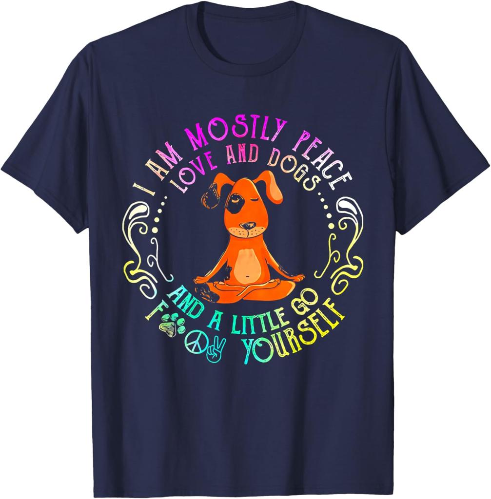 Peace Love Dogs Yoga Funny Graphic Tee Soft Cotton TShirt Casual Gift for Dog Lovers
