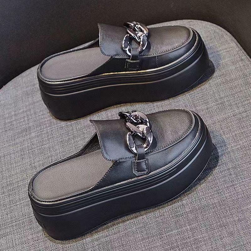 

SyfIyno Новые летние полушлепанцы Baotou из натуральной кожи, уличные, прохладные, на толстой подошве и каблуке, свободные высокие шлепанцы 39 чёрный