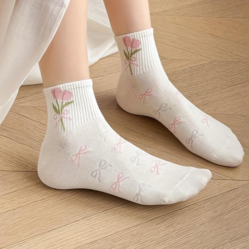 Women's Cute Flower Bow Pattern Mid-calf Socks - Fresh and Elegant for Dressing, Breathable and Comfortable,Cute Socks, Nice Sports Socks, Short Socks