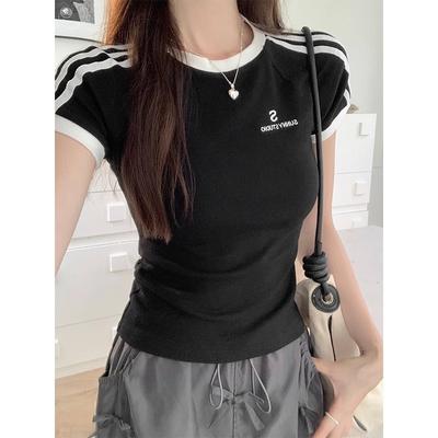 American Retro Hot Girl Chic Round Neck Raglan Sleeves Short Waist Slim Embroidered Striped Summer T-Shirt for Women