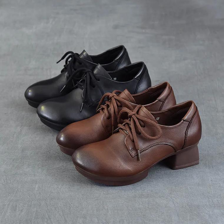 Johnature Pumps Genuine Leather Soft Soled Middle Heel Shoes Retro Versatile Lace Up Thick Heel Women's Shoes