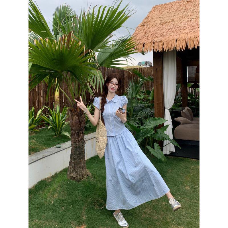 Kumikumi Sweet Set Younger Cute Doll Collar Shirts Women Summer Blue Stripe Skirt Two-piece Set