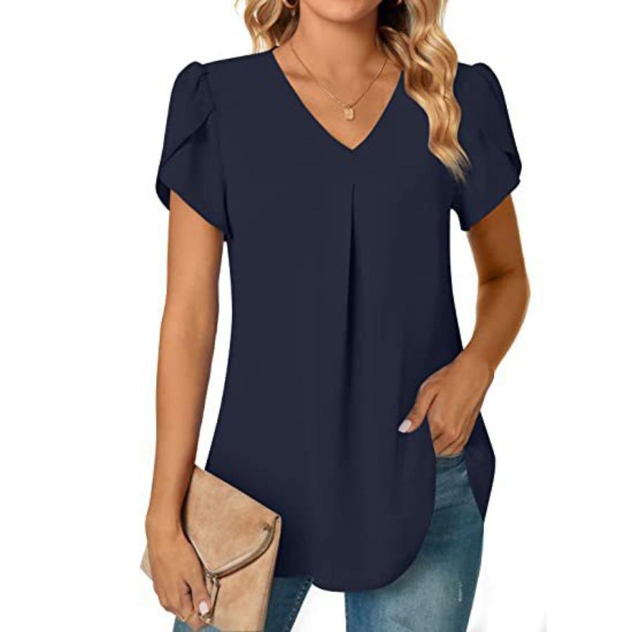 

Летняя рубашка с v-образным вырезом и рукавами-лепестками, женская однотонная блузка с коротким рукавом XL темно-синий