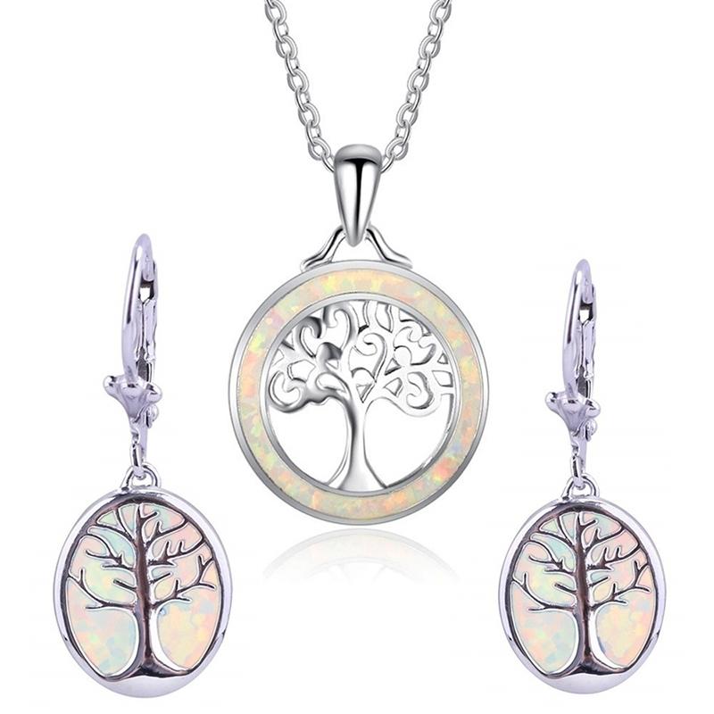 Fashion Tree of life Jewelry Set For Women Imitation Green Fire Opal Women Pendant Necklace With Earrings Wedding Jewelry Set