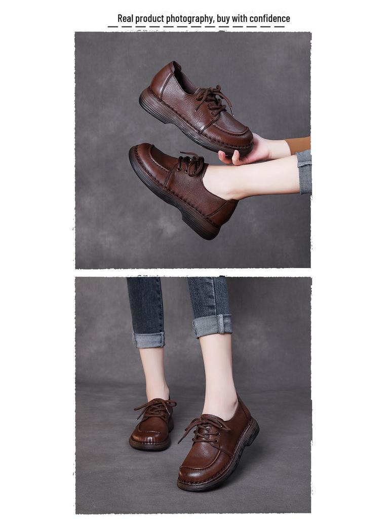 Women's Handmade Genuine Leather Lace-Up Soft Sole Casual Shoes - Retro Autumn Style