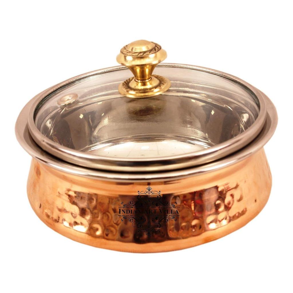 Steel Copper Hammered, Polished Serving Handi with Glass Lid 400 ML - Serving Dishes Chicken Briyani Vegetables Home Hotel Restaurant