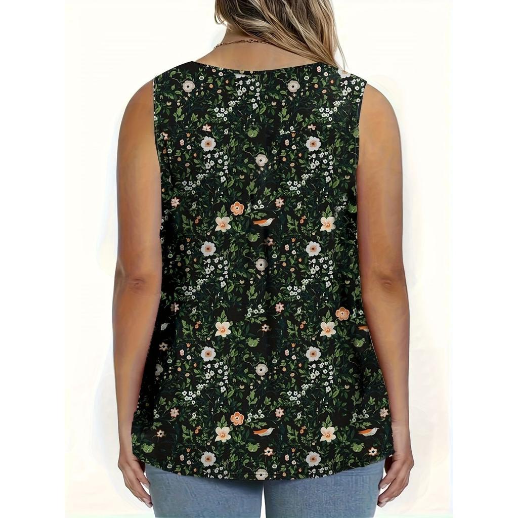 Summer Small Floral Print Round Neck Knit Sleeveless Vest Top Women
