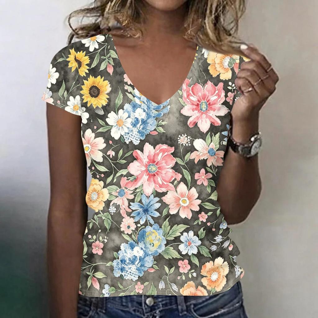 Women Casual V Neck Short Sleeve Floral Print T Shirt Lightweight Soft Fabric Summer Top for Everyday Wear