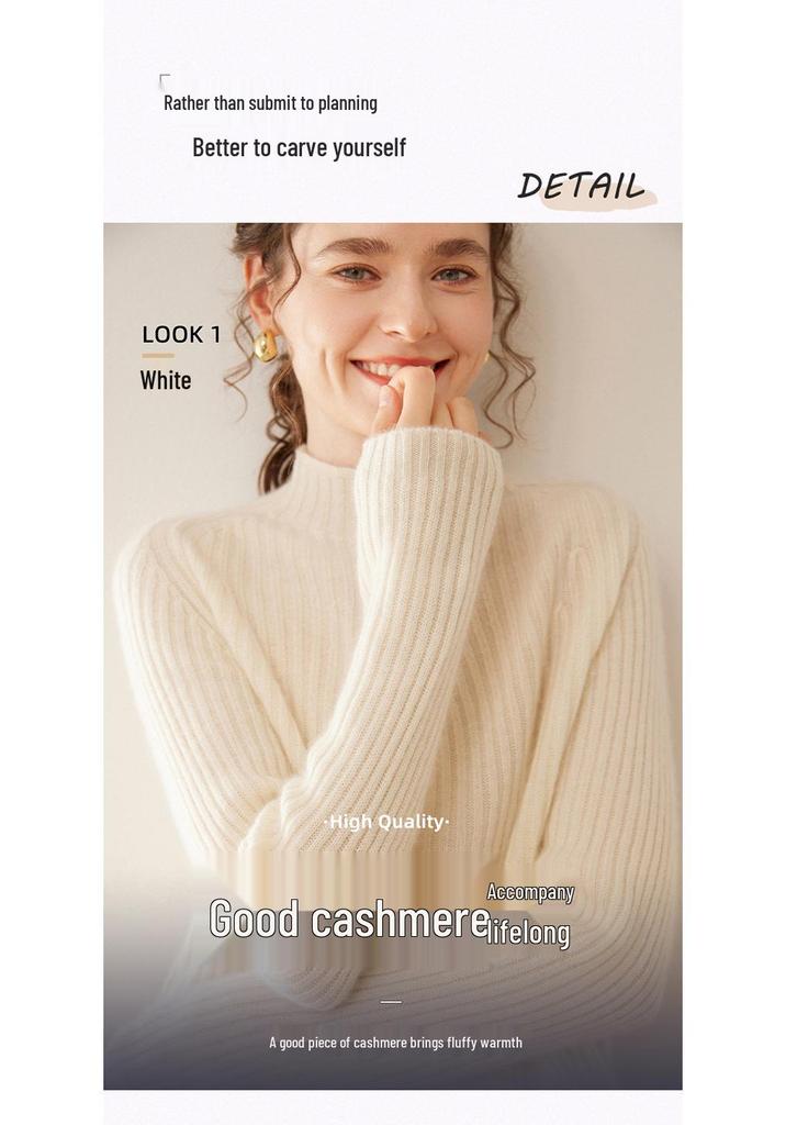 Women's Slim-Fit Ribbed Cashmere Sweater - Half-High Neck Knit Top for Autumn and Winter