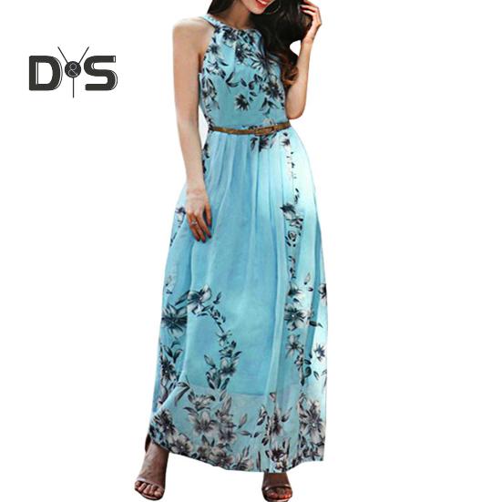 

Женское платье макси с цветочным принтом, без рукавов, с халтернеем, шифоновое платье миди, летнее платье в стиле бохо с поясом для отпуска, свадьбы, коктейля, выпускного вечера XXL синий