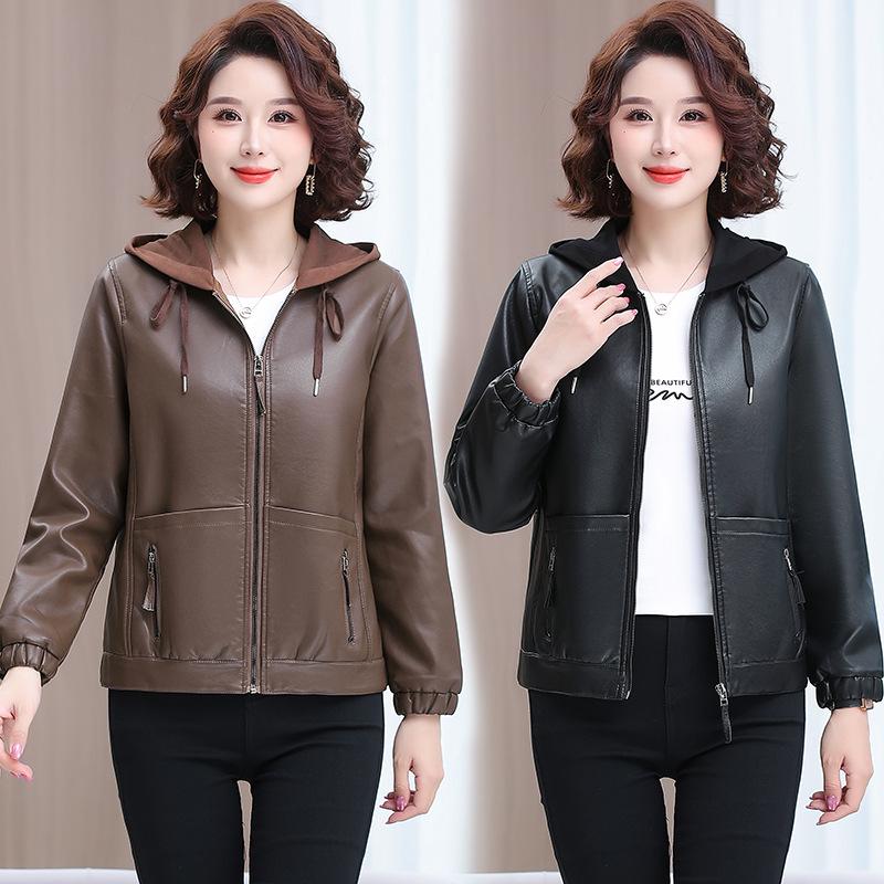 

Spring/Autumn 2025 Women s Hooded PU Leather Short Coat - Stylish Zipper Jacket for Young Moms. 3XL for 125-135 lbs
