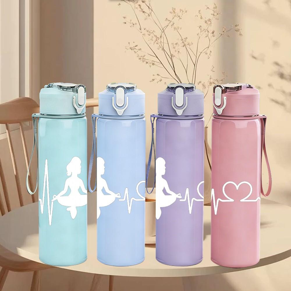 1PC Heartbeat Line White Graphic 750ml Color Plastic Sports Water Bottle Leakproof Flip Straw Lid Suitable for Sports Office Home Use