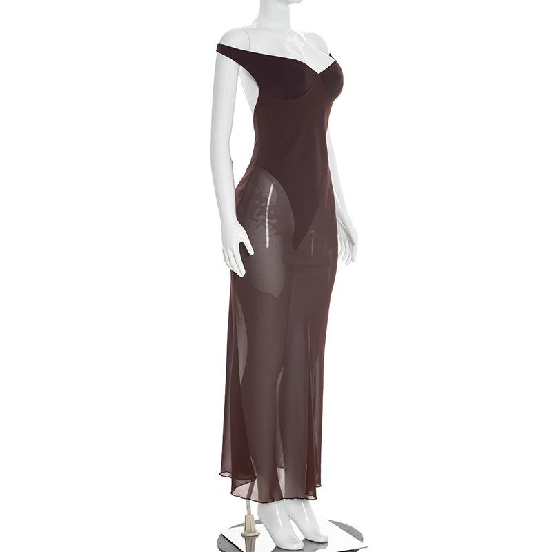 European Style Women's One-Shoulder Patchwork Mesh Dress - Spring 2026 Arrival, Solid Color, Backless Design